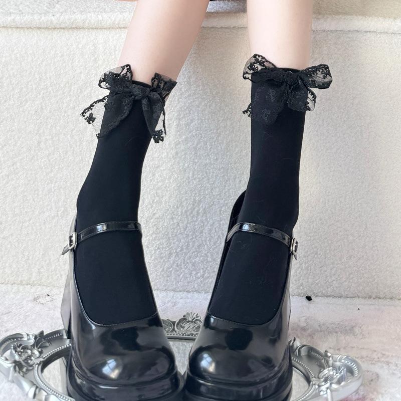 White lace floral bow calf socks Lolita Velvet mid-calf socks with trendy patterns, pure and desirable