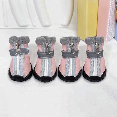 4pcs/set Wear Resistant Warm Winter Dog Shoes Thickened Plush Pet Snow Boots Adjustable Reflective Anti-slip Dog Boots Outdoor