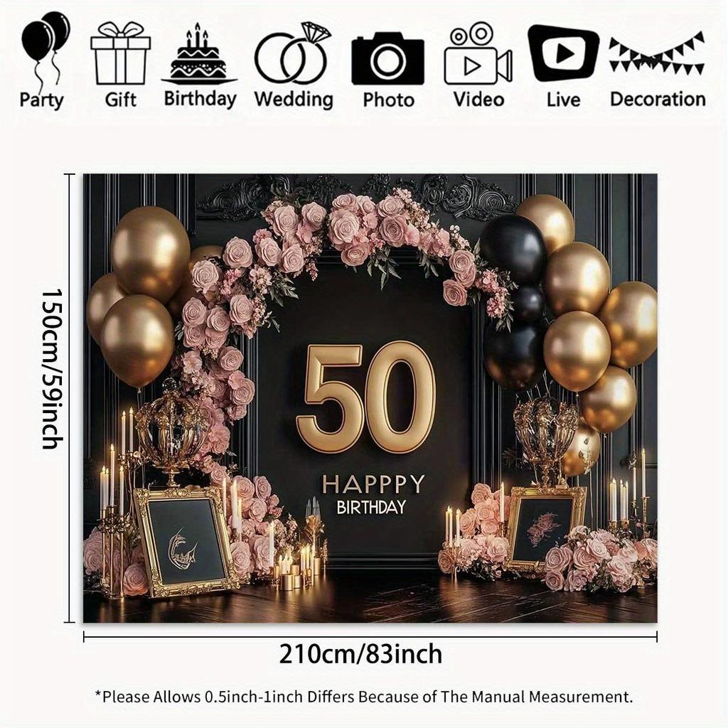Elegant 50th Birthday Party Background - "Happy Birthday" Design Roses Candles and Balloons Birthday Party Decorations