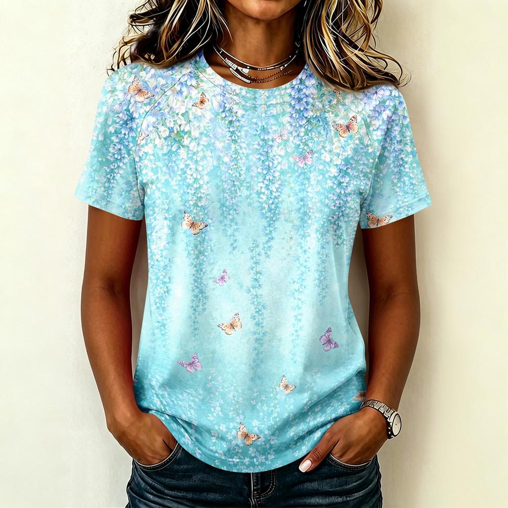 Womens Casual Raglan Sleeve Crew Neck Short Sleeve Top Floral Print Lightweight Comfortable Fit