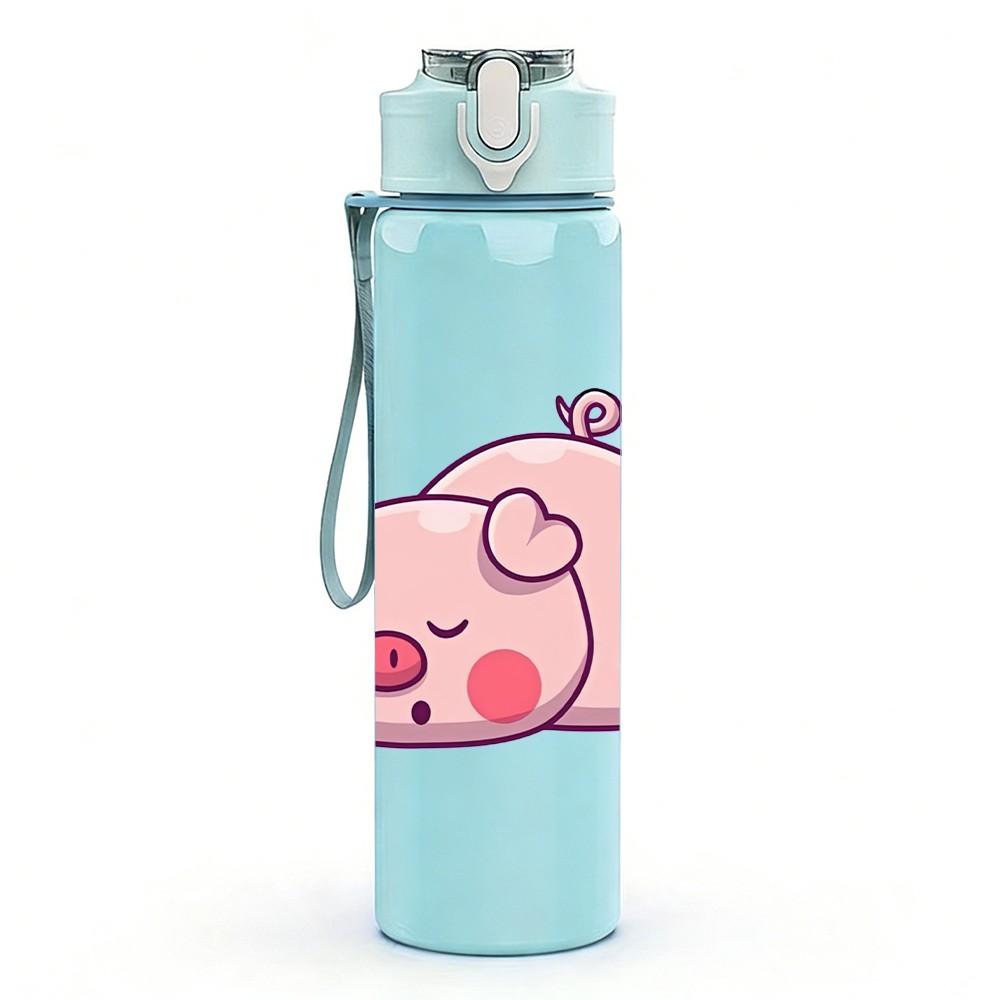 1PC Sleep Pink Pig Simple Cartoon Print 750ml Color Plastic Sports Water Bottle Leakproof Flip Straw Lid Suitable for Sports Office Home Use