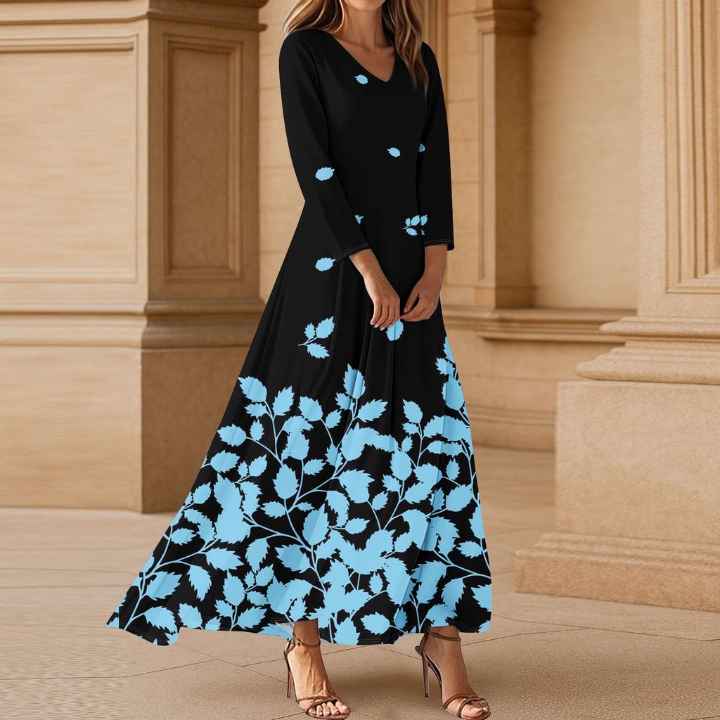 Kjoler For Damer Vintage Blomst Tunika Midjet Midi Kjole Sommer Casual 3/4 Ermet Kjole