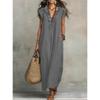 Women's Ruffle V Neck Cap Sleeve Solid Linen Blend Maxi Dress With Side Pockets Boho Floor Length Casual Gown