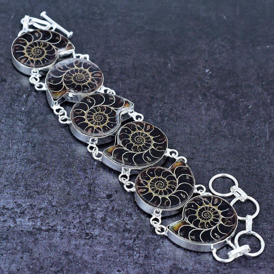 Ammonite Fossil Gemstone 925 Sterling Silver Bracelet 7-8"