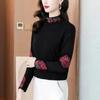 Autumn and Winter Chinese-style Patchwork Embroidered Half-turtle Collar German Velvet Warm Long-sleeved Bottoming Top
