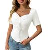 Damen V-Ausschnitt Kurzarm Geripptes Blusentop Slim Fit Süßes Kordelzug Cropped Tunika Top