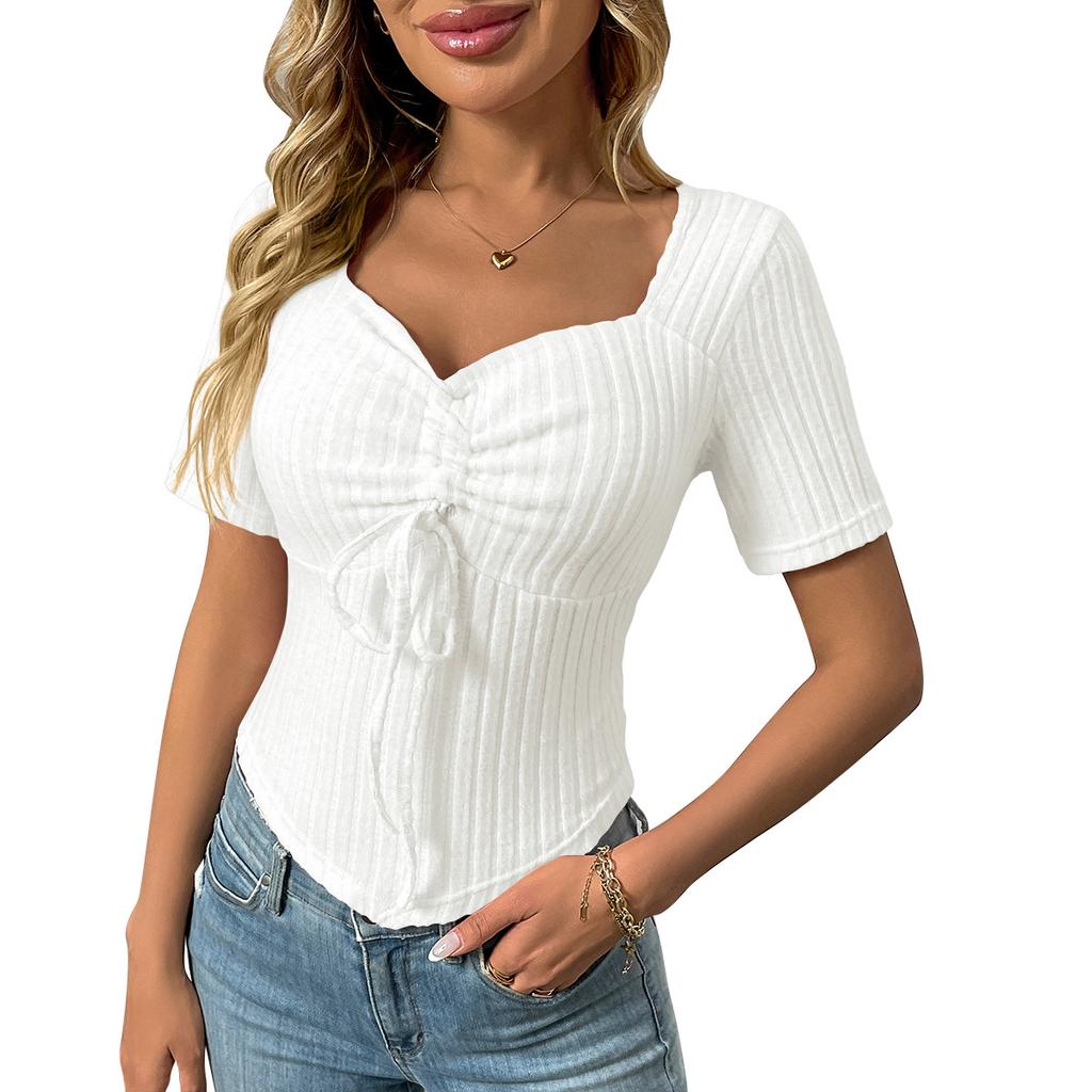 Damen V-Ausschnitt Kurzarm Geripptes Blusentop Slim Fit Süßes Kordelzug Cropped Tunika Top