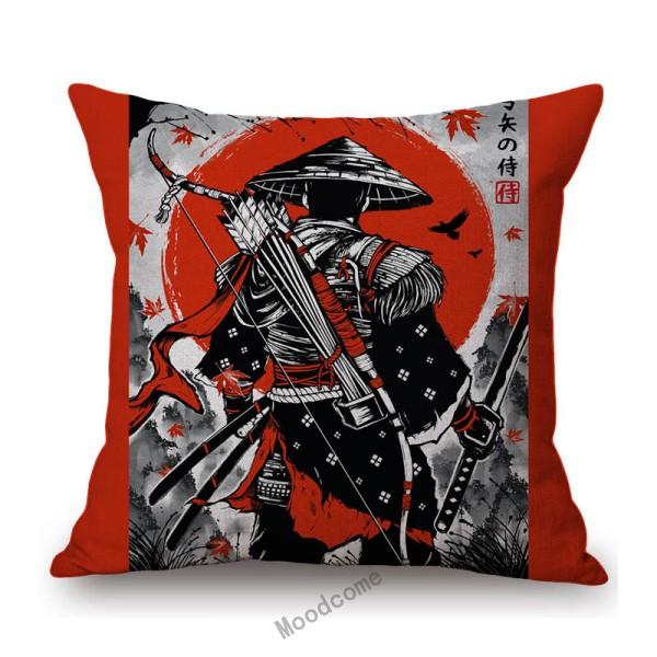 Japanese Ink Painting Geisha Samurai Spirit Tattoo Black Red Sakura Sushi Store Decoration Throw Pillow Case Linen Cushion Cover