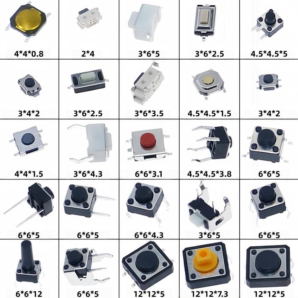 125Pcs 25 Types Micro Tact Push Button Switch Assorted Kit SMD DIP 2*4 3*6 4*4 6*6 12*12 Reset Mini Leaf Switches for Arduino