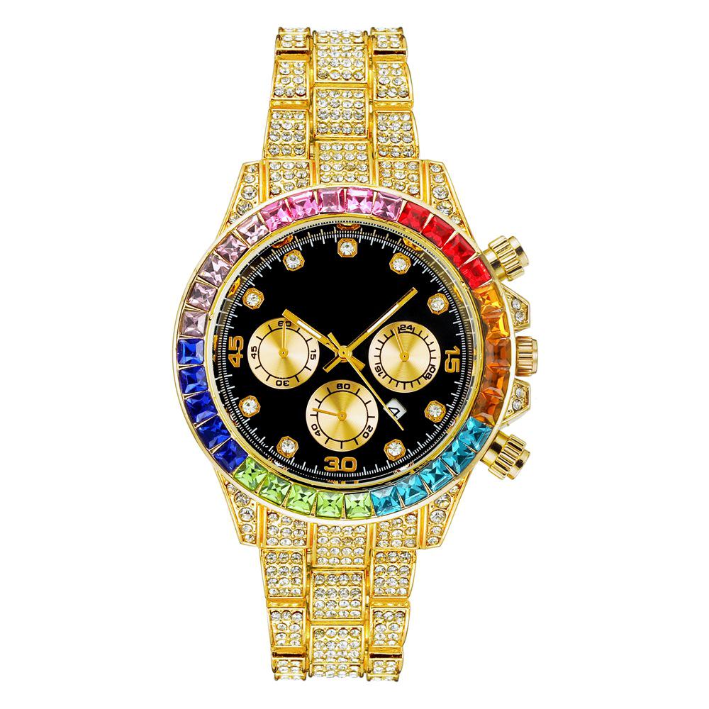 Women s Quartz Watch with Rainbow Rhinestones and Starry Wormhole Design, Large Dial, and Calendar. золотой