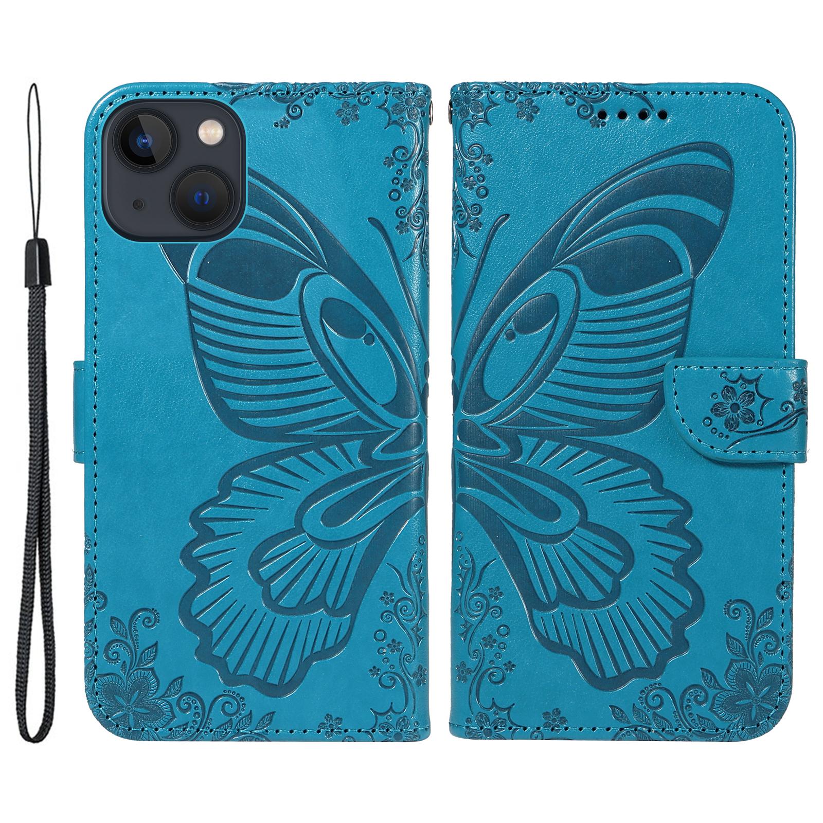 

For iPhone 14 Case Butterfly Pattern Leather Phone Cover with Wallet Stand Blue