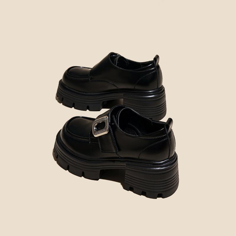 Leather platform loafers women's 2025 new Velcro versatile British style heightening small leather shoes spring and autumn single shoes