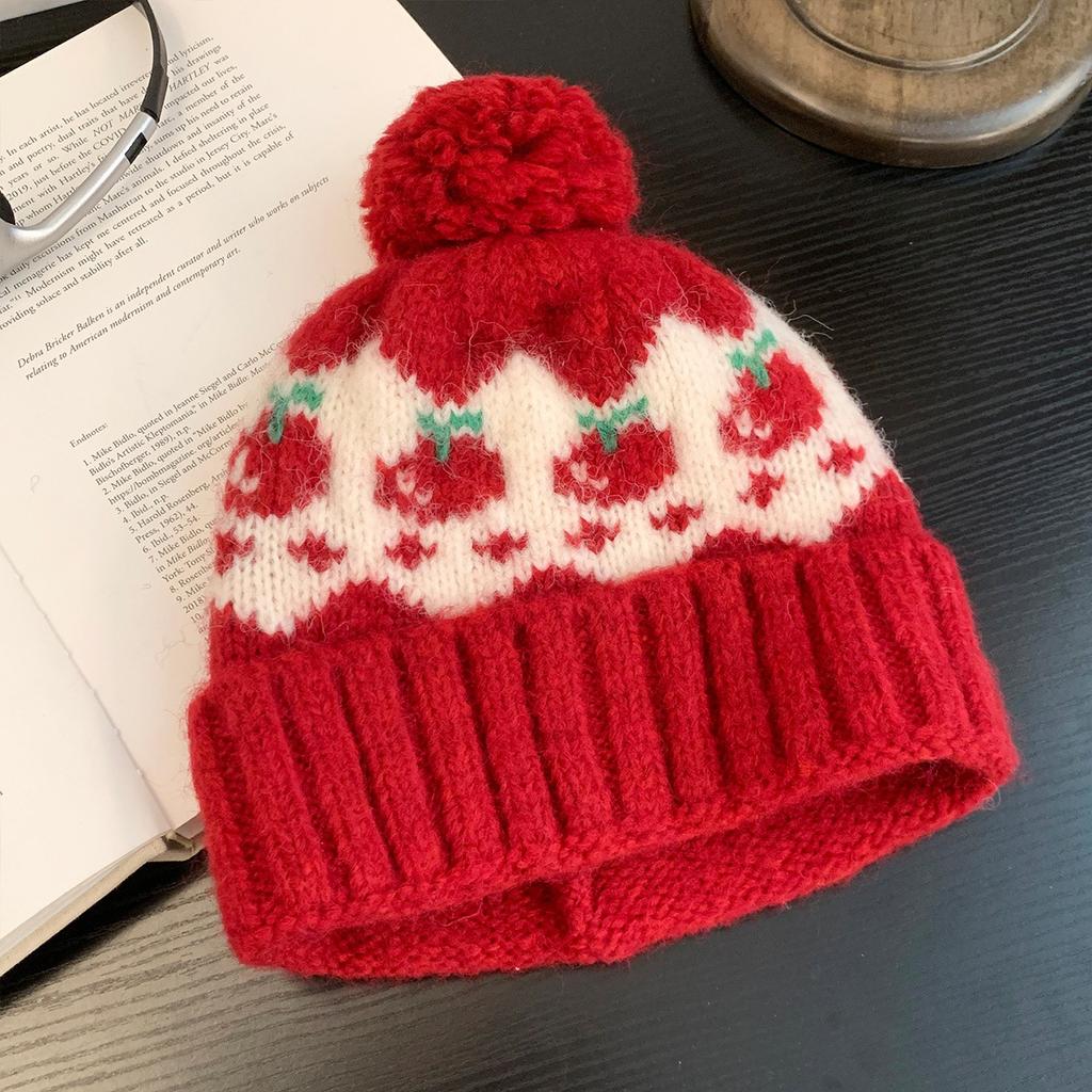 Fairy Island Retro Woolen Ball Knitted Beanie Cap Women Autumn Winter Slim Face Large Size Warm And Cold-Proof Beanie Cold Cap