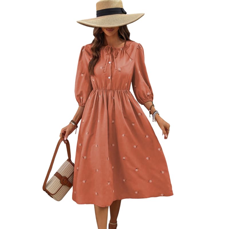 SMOWKLY Cotton Blend Women' Casual Embroided Dress MidLength Maxi Dress for Woman Stylish Frocks for Women One Pie