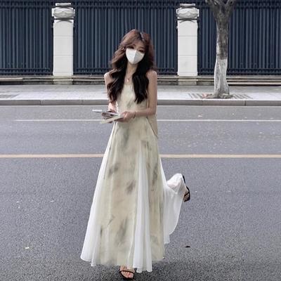New Chinese Suspender Dress Women's Niche Design Sense Summer New Great-looking Ink Temperament National Style Long Dress