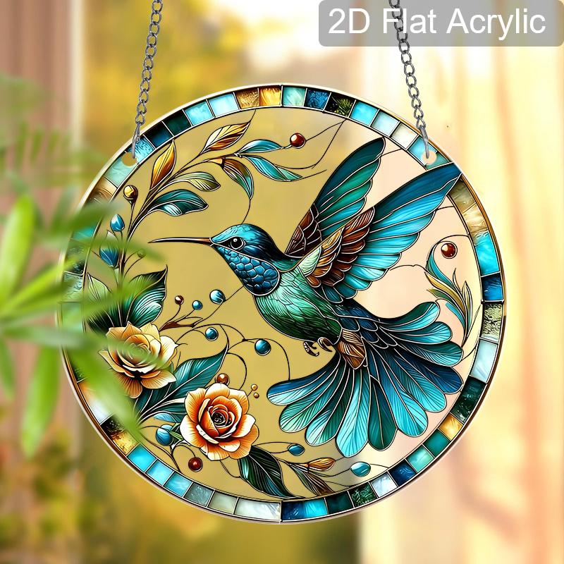 Acrylic Teal Hummingbird with Roses Suncatcher, Stained Glass Effect Window Hanging Ornament for Bird & Nature Lover Gifts