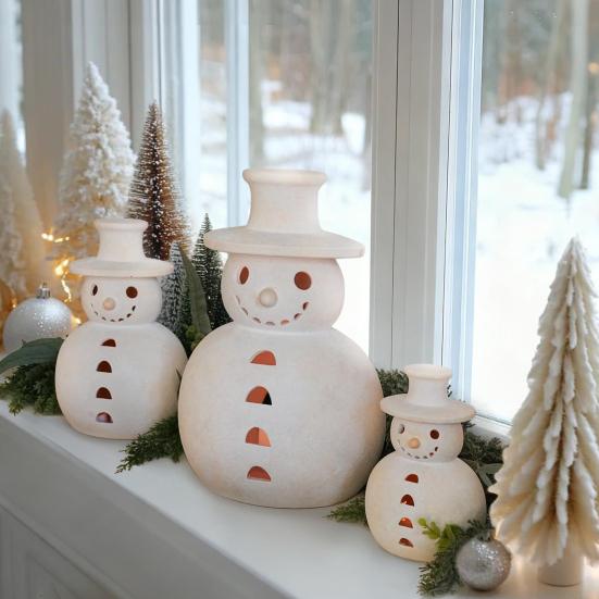 Terracotta Snowman Decor Handcrafted Resin Snowman Figurines Christmas Holiday Rustic Winter Tabletop Decor