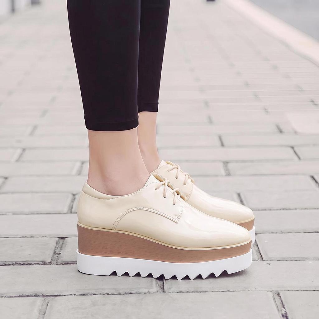 2025 Spring Women's Patent Leather Platform Wedge Shoes - Lace-up, Height-Increasing, British Style