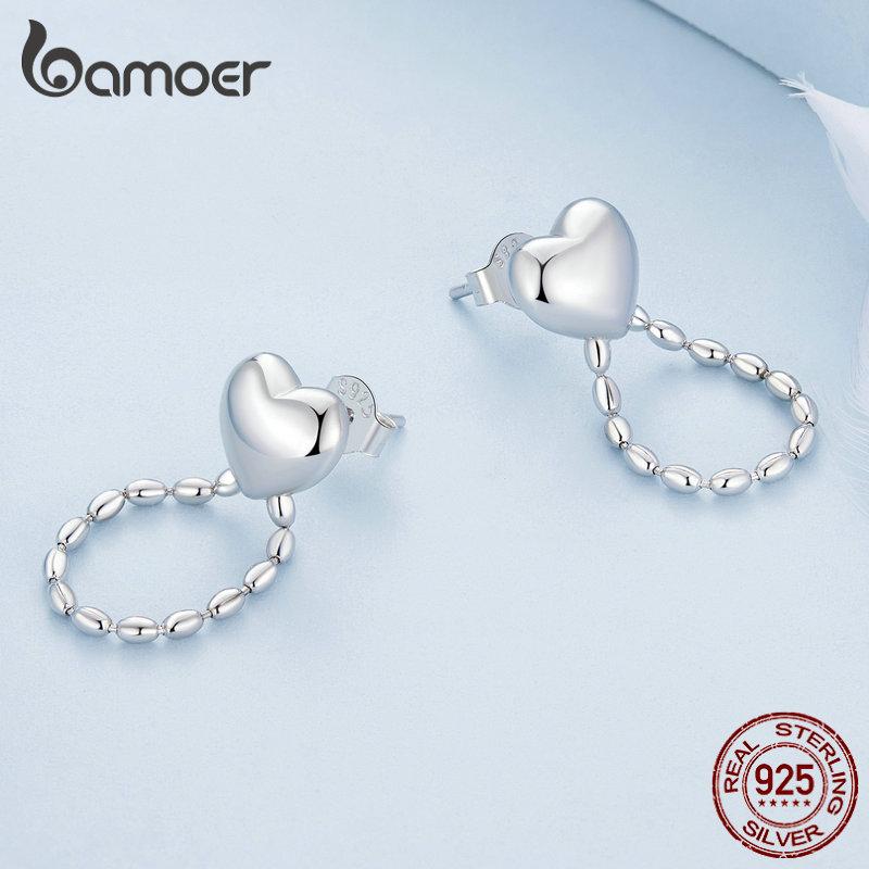 Bamoer Einfache Herz-Ohrstecker aus 925er-Sterlingsilber, Reisperlen-Quasten-Tropfenohrringe für Frauen, minimalistisches Geburtstagsgeschenk