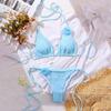 2Pcs/Set Women Sexy Bikini Set Halter 3D Flower Decor Bra High Waist Lace-up Briefs Set Solid Color Pleated Beachwear Swimsuit