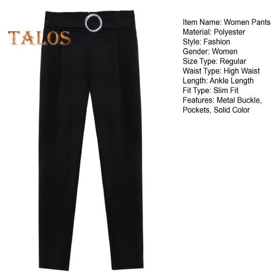 Women Casual Trousers High Waist Suit Pants Metal Buckle Pockets Solid Color Slim Fit Harem Pants Workwear