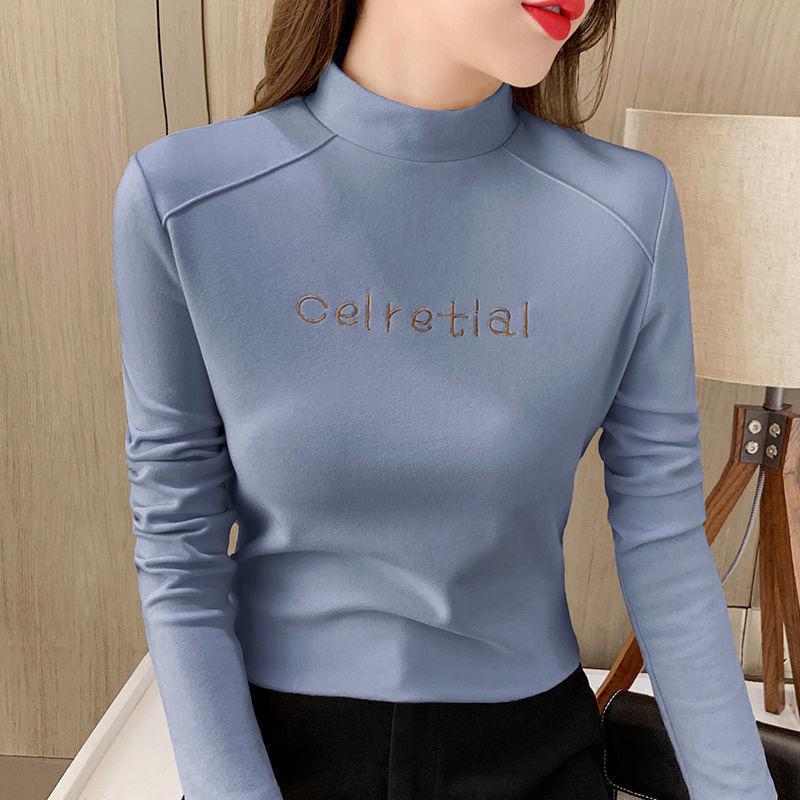 

Бархатный Утепленный Женский Топ с Полувысоким Воротником и Длинным Рукавом - Универсальная и Теплая Мода Осень/Зима 2025 M синий