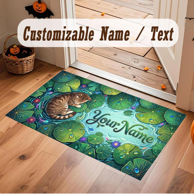 Cat Theme Crystal Velvet Floor Rug Personalized Custom Name Text Warm Carpet Home Decoration