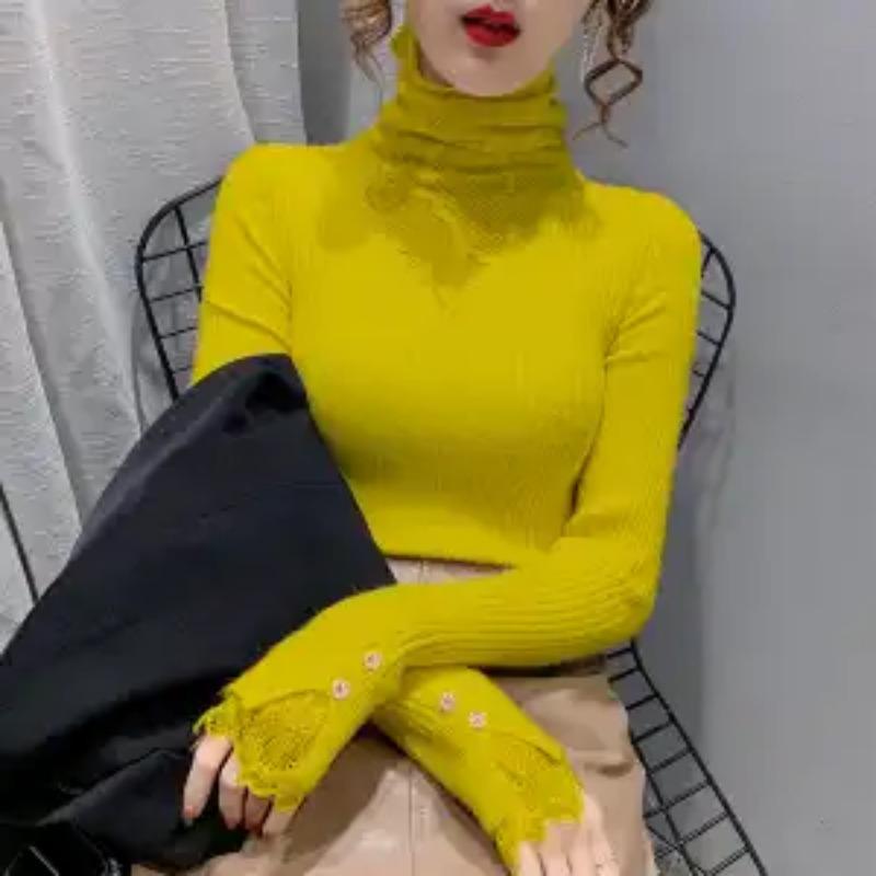 Splicing Pile Turtleneck Sweater Fashionable Slim Knitted Base Shirt Autumn Winter Mesh Hollow Lace