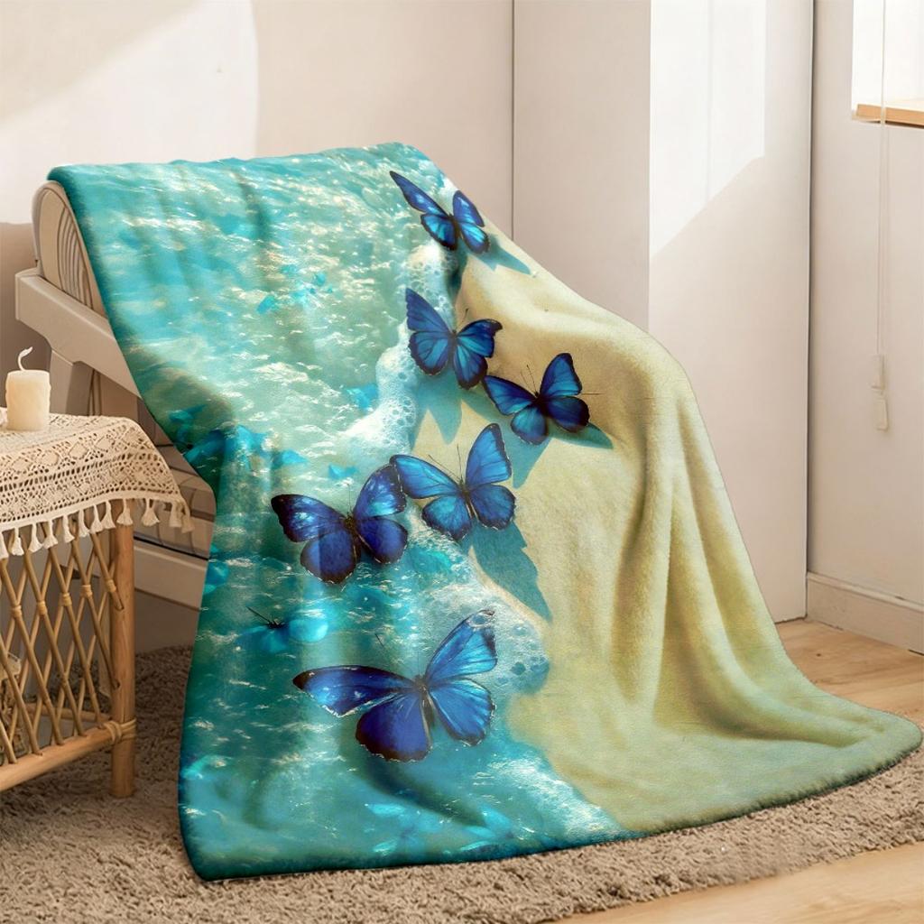 2026 New Arrivals Glam Style Animal Theme Blue Butterfly Print Flannel Throw Blanket Hypoallergenic Tear Resistant Multipurpose Al