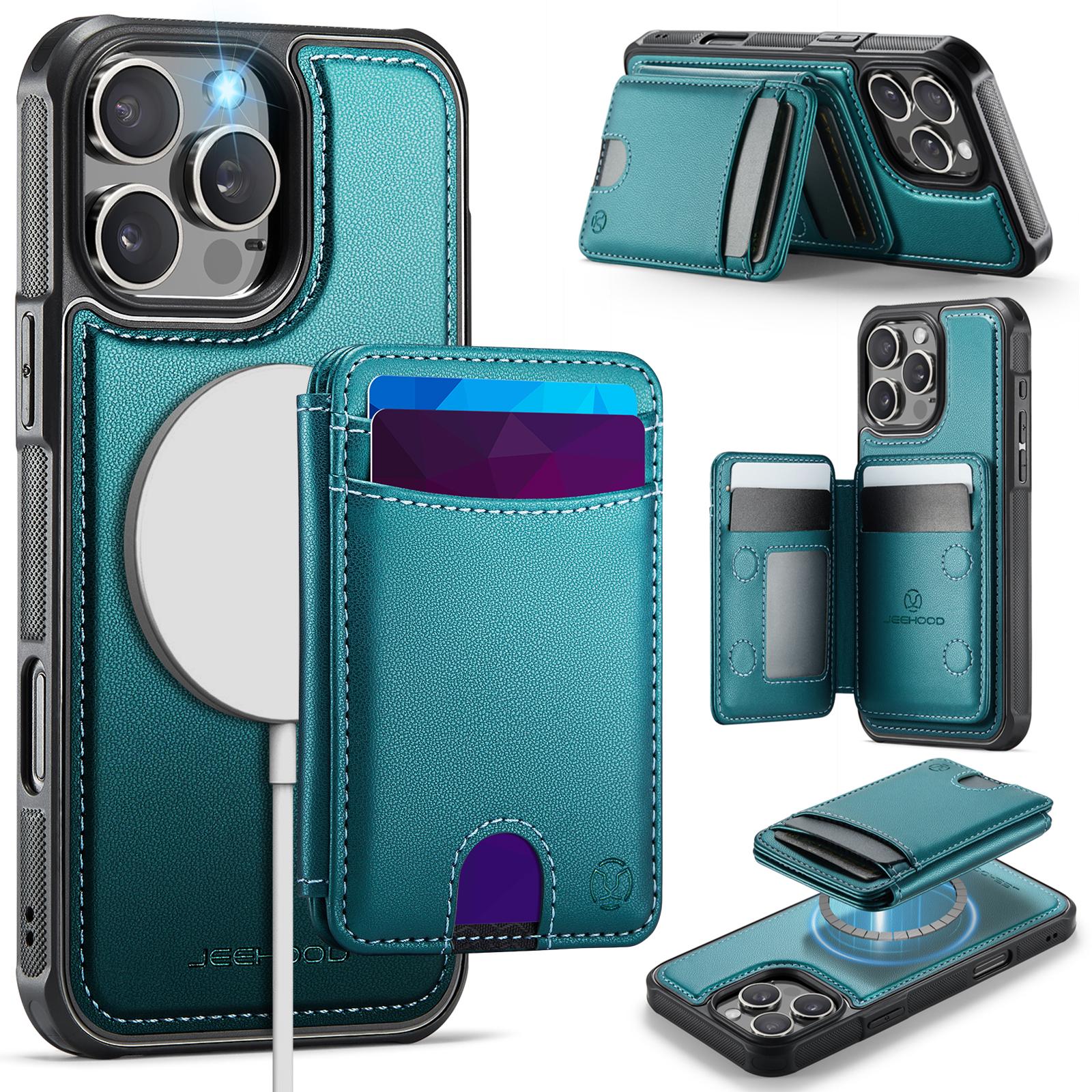 

For iPhone 16 Pro Case JEEHOOD J10 Compatible with MagSafe Leather Back Phone Cover with Detachable Card Holder Kickstand