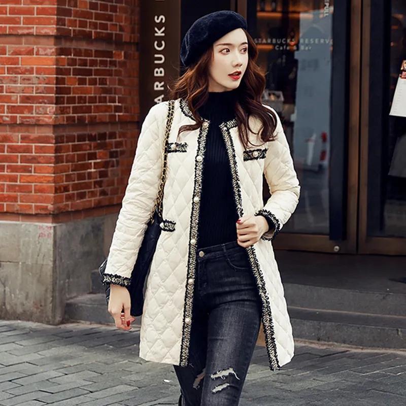 

Осень-зима, ультралегкое пуховое хлопковое пальто, женская элегантная теплая парка средней длины, куртка высокого качества с кисточками и жемчужными пуговицами XXXL