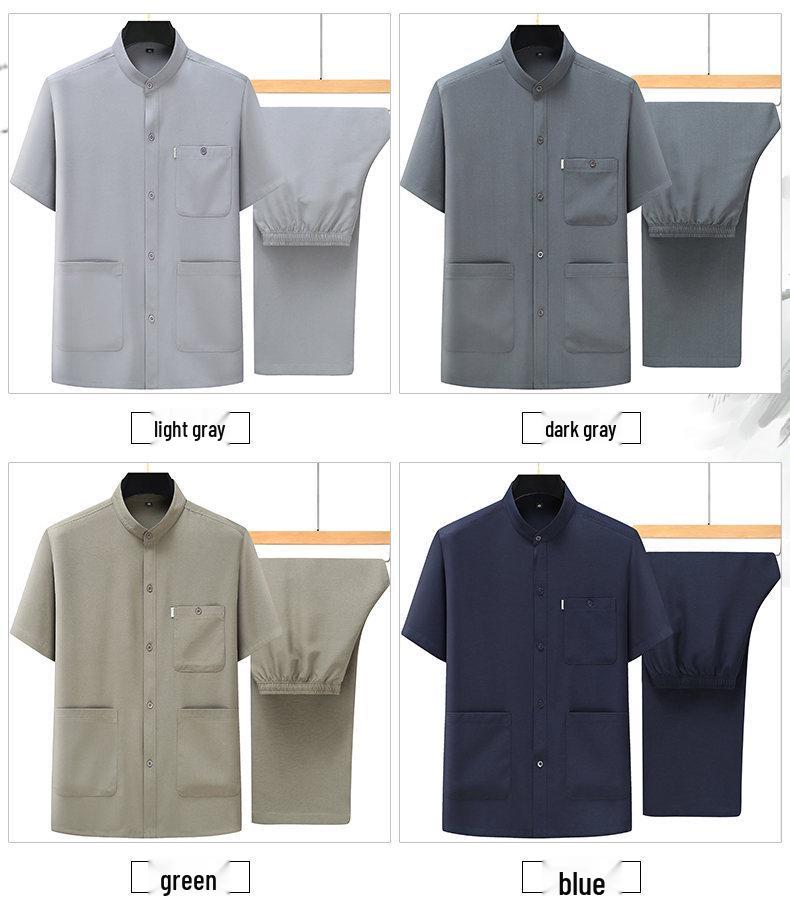 Herren Sommer Eis Seide Strickjacke & Hemd Set - Kurzärmelig, Zweiteilig mit mehreren Taschen für Mittelalte & Ältere.