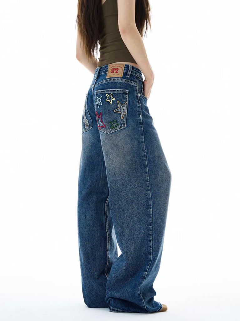 Light Blue Retro Fireworks Pattern High Waist Wide Leg Jeans for Women - Spring/Autumn 2026 Style, Floor-Length.