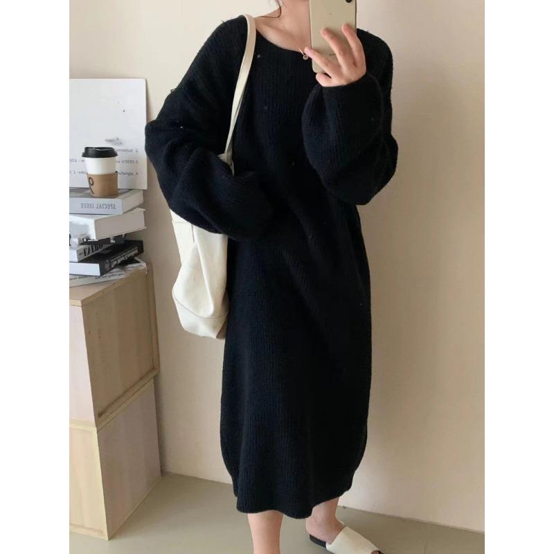 

Женское осенне-зимнее новое свободное трикотажное платье средней длины с открытыми плечами One size