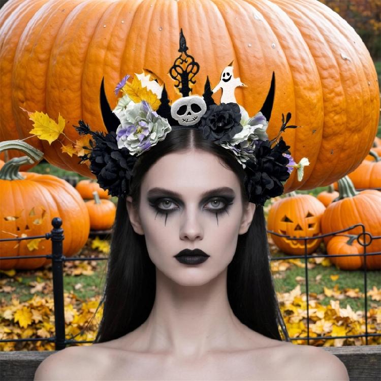 Dark Series Flower Hairband with Skull Decors For Women Girl Halloween Costume Party Role Playing Accessory Headpiece