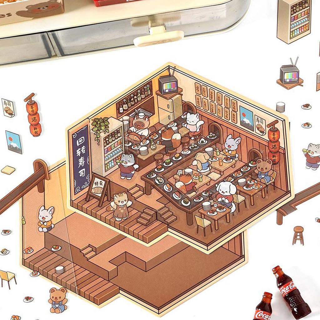 3D House Sticker Set of DIY Collage Scenery Landscaping Paper Miniature Paper 3D Korean Style Decorative Planner Stress Includes Tweezers Forest Hotel