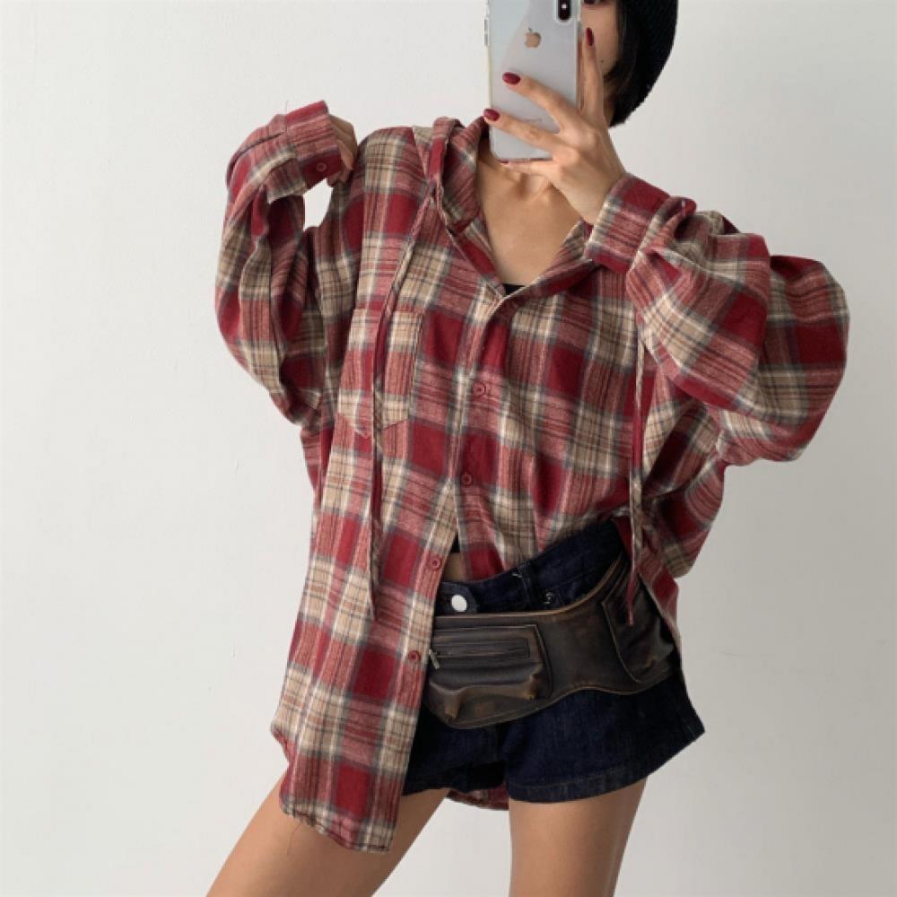 New Arrivals Open Run Women Check Hood Oversized Flannel Shirt