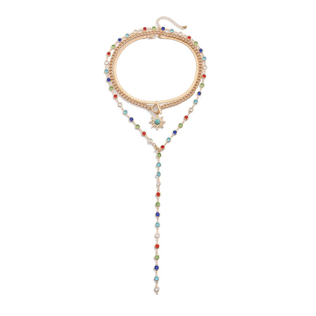 Wind Colored Crystal Snake Bone Chain Necklace, Simple Turquoise Sun Pendant Set Stacked Necklace