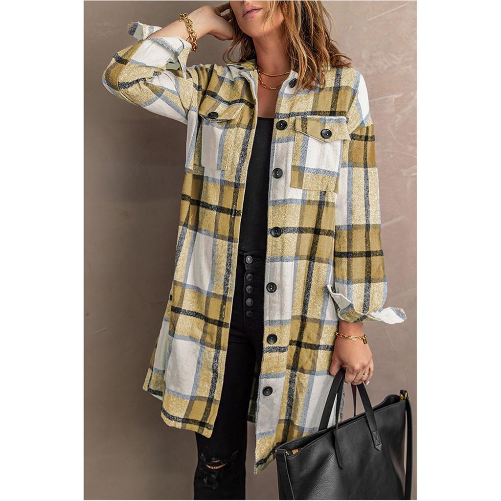 Ladies Casual Loose Long Sleeve Loose Single-breasted Button Plaid Long Coat