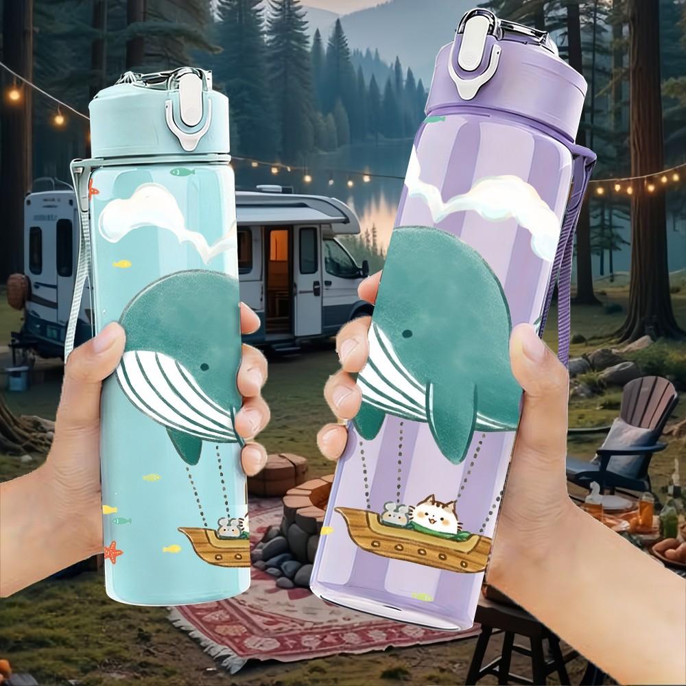 1PC Whale Floating Sky Cartoon Print 750ml Color Plastic Sports Water Bottle Leakproof Flip Straw Lid Suitable for Sports Office Home Use