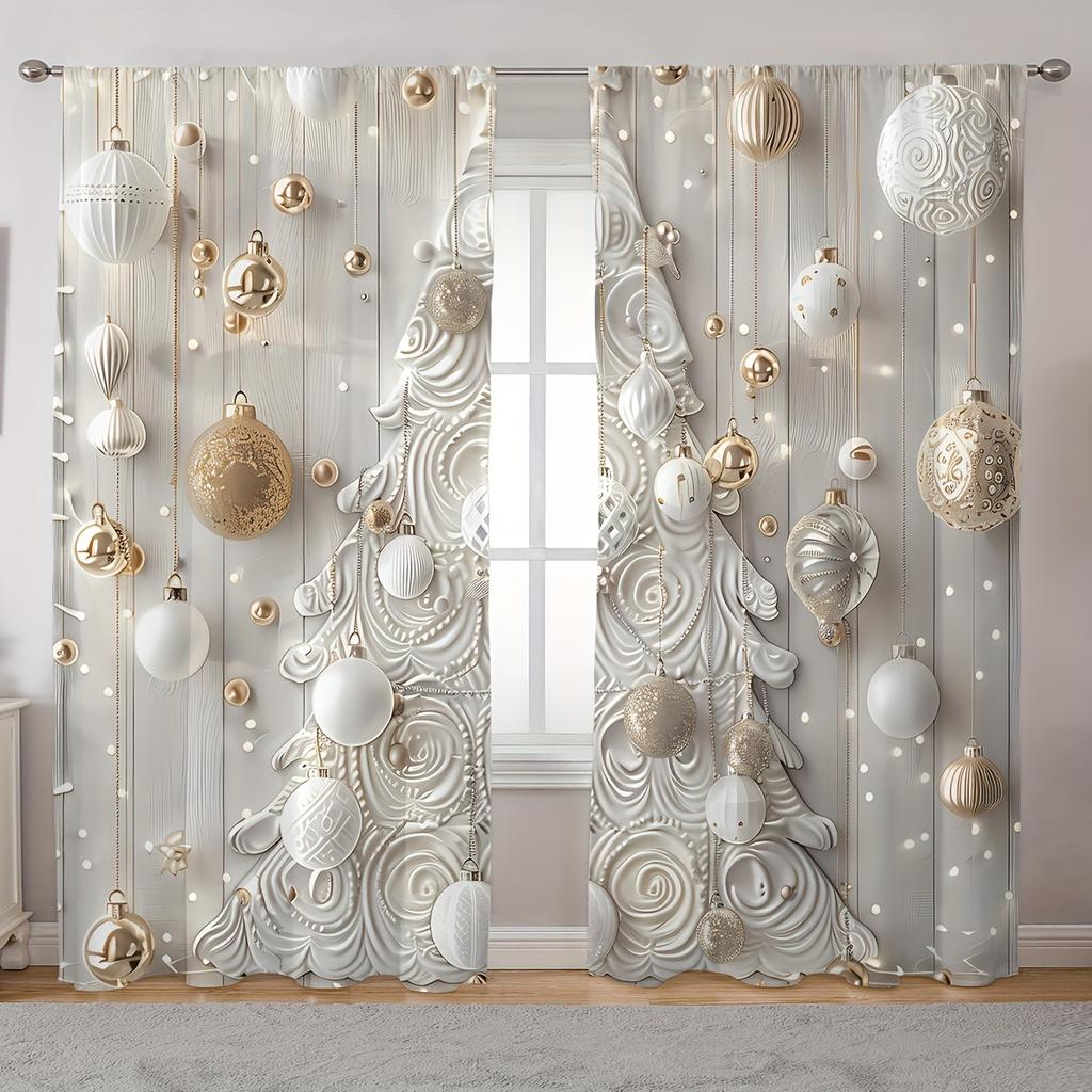 2PCS Elegant Cortinas Gold and White Christmas Ball Christmas Tree Snowman Print Curtains for Bedroom Living Room Decoration