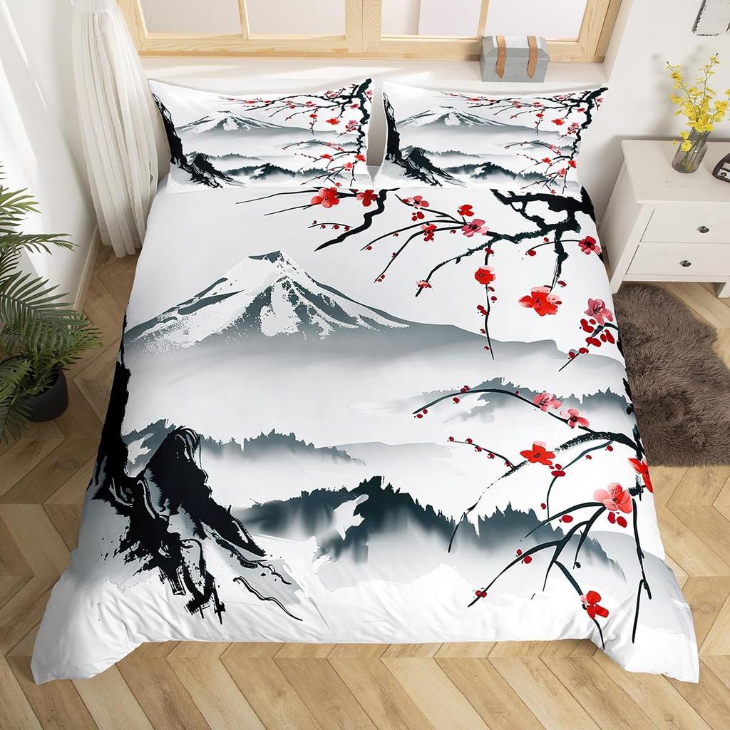 Cherry Blossoms Duvet Cover King for Women Ink Painting Black White Comforter Cover Romantic Theme Bedding Set with 2 Pillowcase
