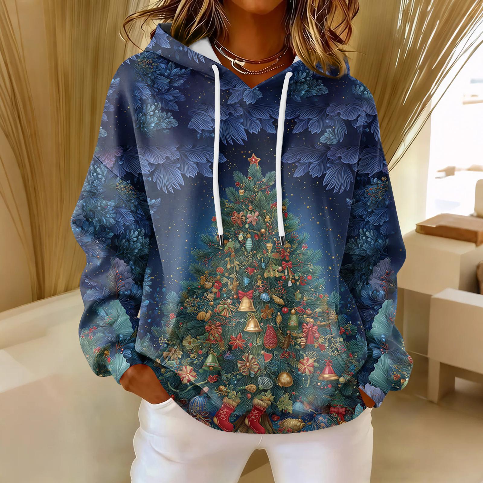 

Women s Loose Comfortable Casual Fashion V-Neck Christmas Print Long Sleeve Hoodie L синій