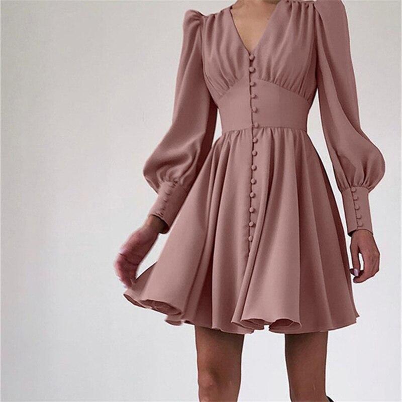 

Элегантное облегающее сексуальное женское платье 2022, летнее плиссированное шифоновое платье с длинными рукавами и фонариками, женское платье Femme Ladies L розовый