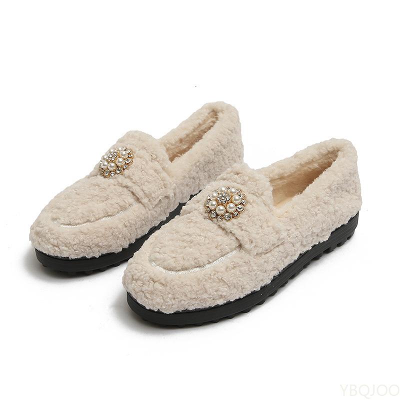 Vinter Høy Kvalitet Lammeull Hold Varmen Damesko Perleblomster Slip-on Loafers Ensfarget Fluffy Flate Dame Fritidssko