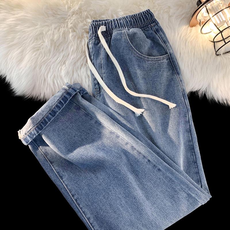 Women's Fleece-lined Straight-Leg Jeans, Petite Wide-Leg, Elastic Waist, Cotton, 2025 New Winter Style, Ideal for Autumn and Winter
