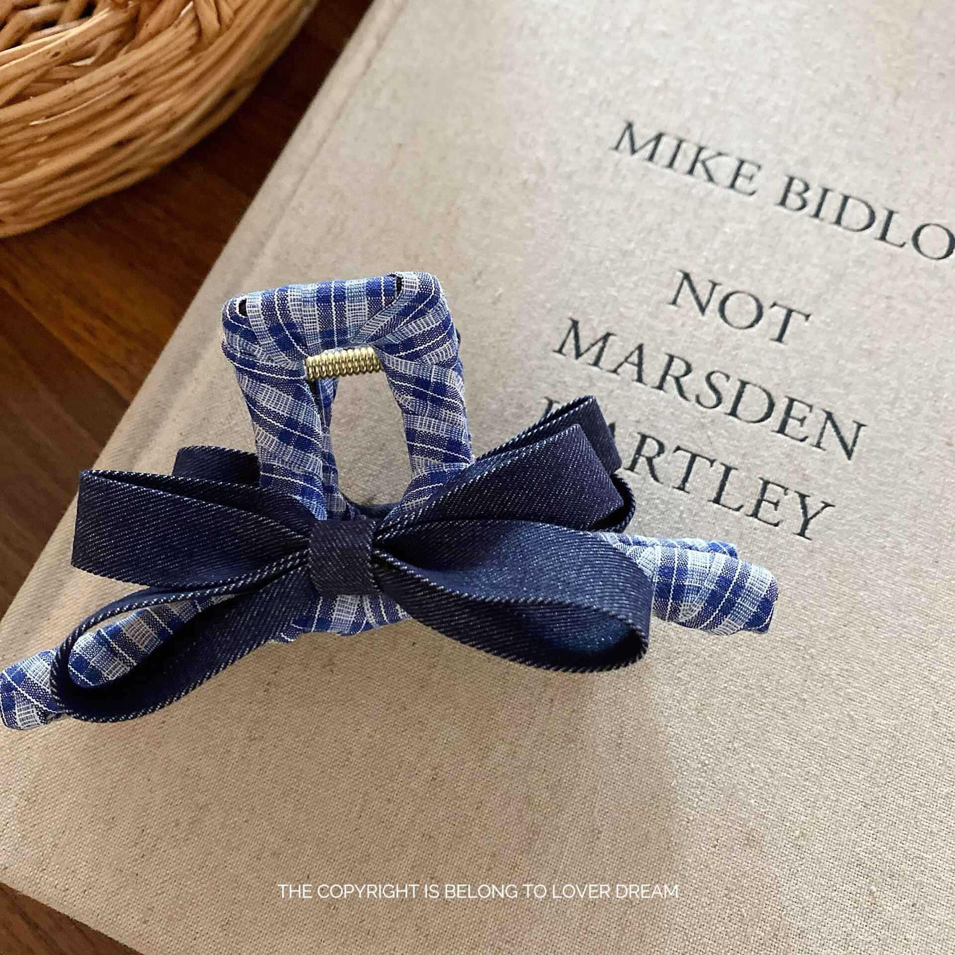 Korean Denim Bow Plaid Hair Clip - Fashion Shark Clip, Blue, 26 Styles, High-Grade Accessories