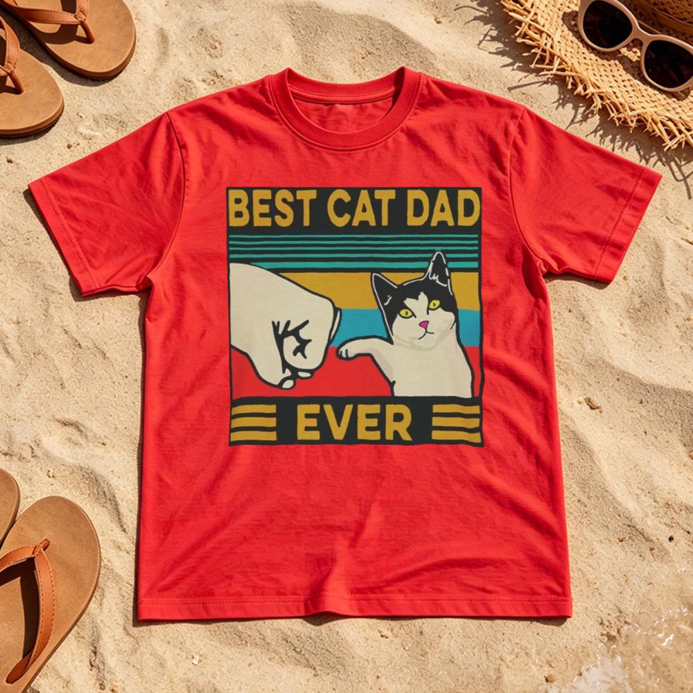 Best Cat Dad Ever Fist Bump Retro Stripe Design Unisex Cotton T Shirt Holiday Leisure Vibe Summer Clothing Gift Cat Lovers