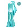 Girls One Shoulder Bell Bottom Jumpsuit Metallic Shiny Flare Sleeve Bodysuit Dance Costume Set Hair Accessory