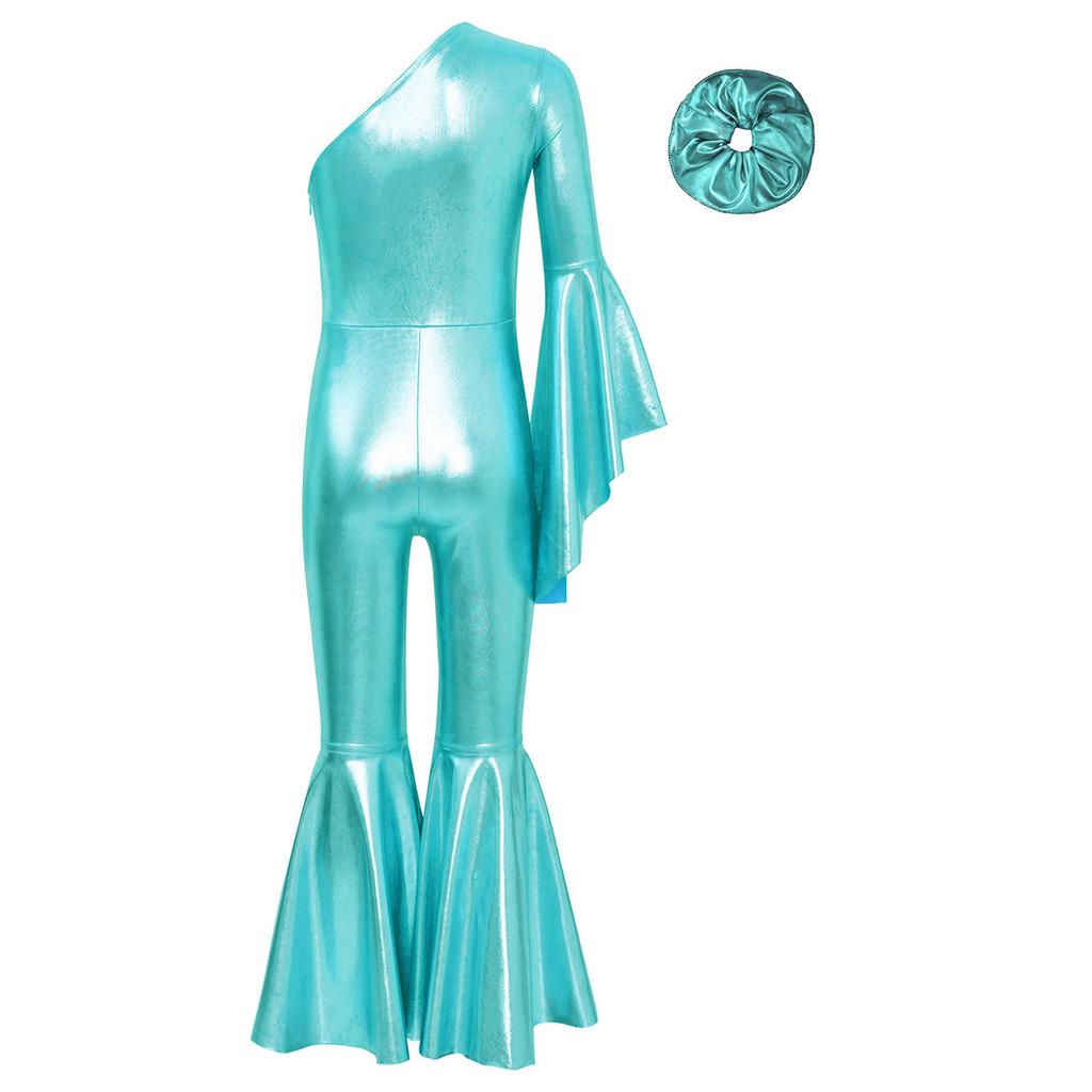 Girls One Shoulder Bell Bottom Jumpsuit Metallic Shiny Flare Sleeve Bodysuit Dance Costume Set Hair Accessory